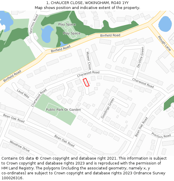 1, CHAUCER CLOSE, WOKINGHAM, RG40 1YY: Location map and indicative extent of plot
