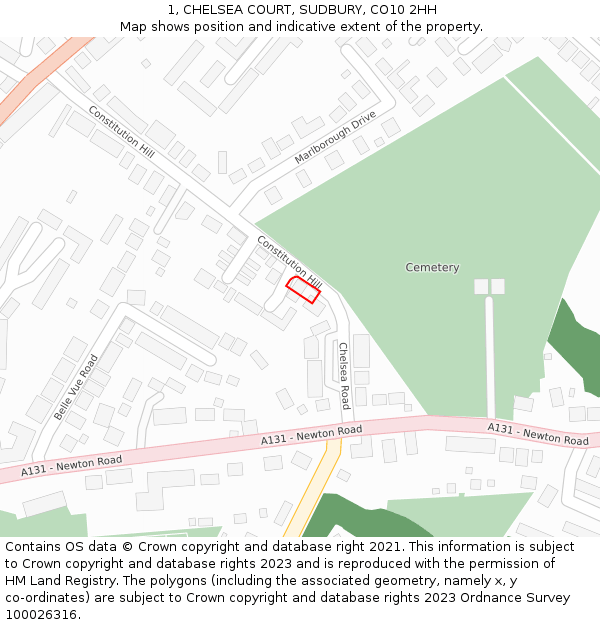 1, CHELSEA COURT, SUDBURY, CO10 2HH: Location map and indicative extent of plot