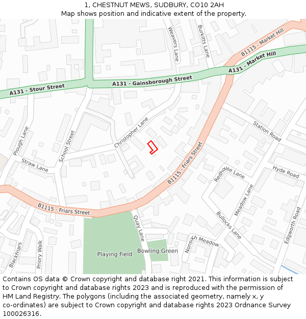 1, CHESTNUT MEWS, SUDBURY, CO10 2AH: Location map and indicative extent of plot