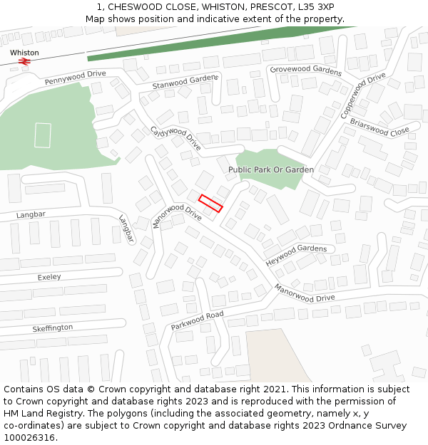 1, CHESWOOD CLOSE, WHISTON, PRESCOT, L35 3XP: Location map and indicative extent of plot