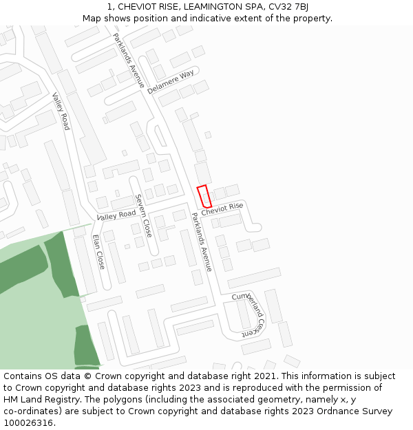 1, CHEVIOT RISE, LEAMINGTON SPA, CV32 7BJ: Location map and indicative extent of plot