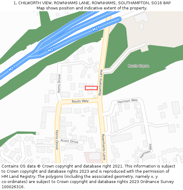 1, CHILWORTH VIEW, ROWNHAMS LANE, ROWNHAMS, SOUTHAMPTON, SO16 8AP: Location map and indicative extent of plot