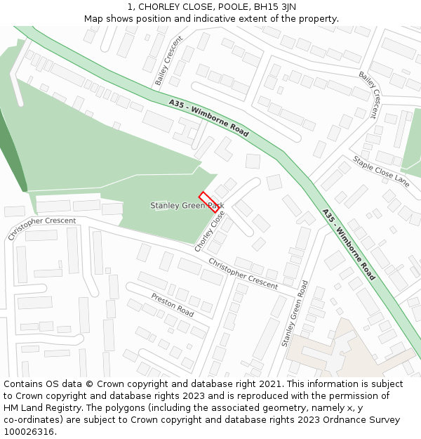 1, CHORLEY CLOSE, POOLE, BH15 3JN: Location map and indicative extent of plot