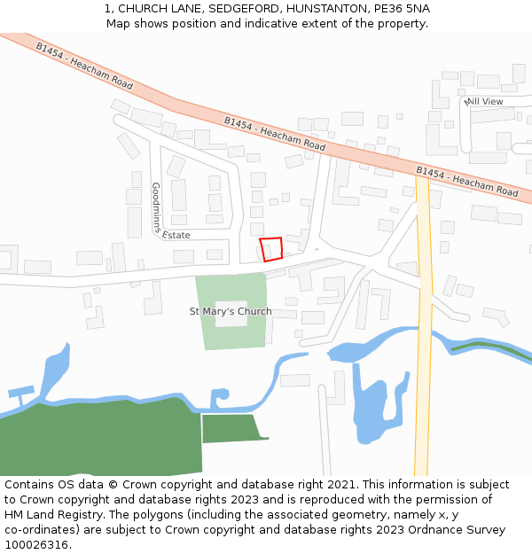 1, CHURCH LANE, SEDGEFORD, HUNSTANTON, PE36 5NA: Location map and indicative extent of plot