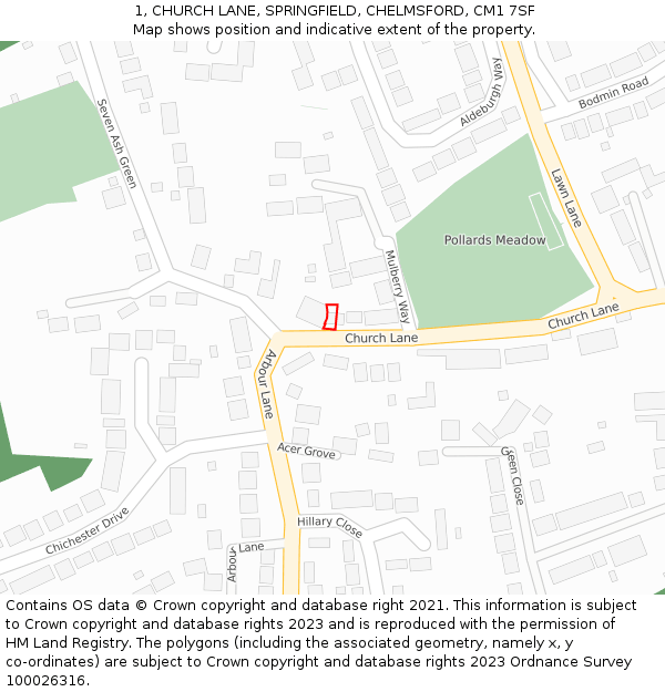 1, CHURCH LANE, SPRINGFIELD, CHELMSFORD, CM1 7SF: Location map and indicative extent of plot