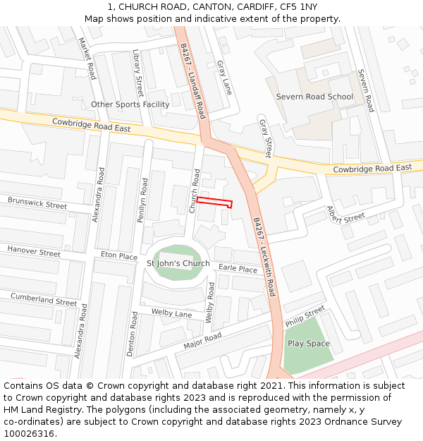 1, CHURCH ROAD, CANTON, CARDIFF, CF5 1NY: Location map and indicative extent of plot