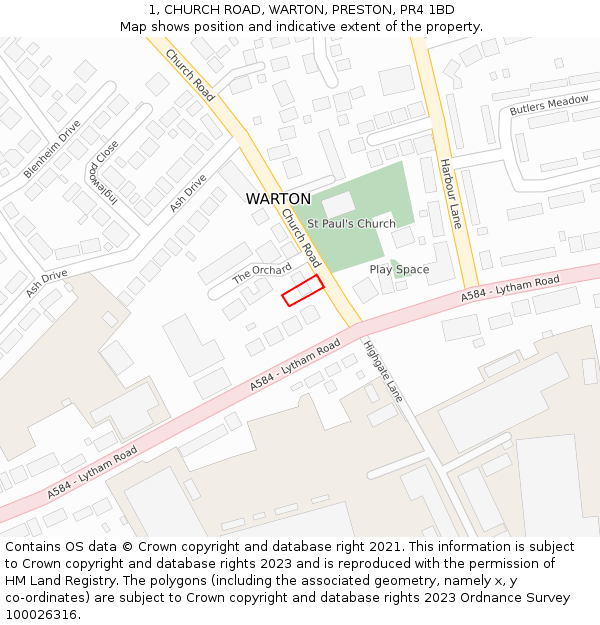 1, CHURCH ROAD, WARTON, PRESTON, PR4 1BD: Location map and indicative extent of plot