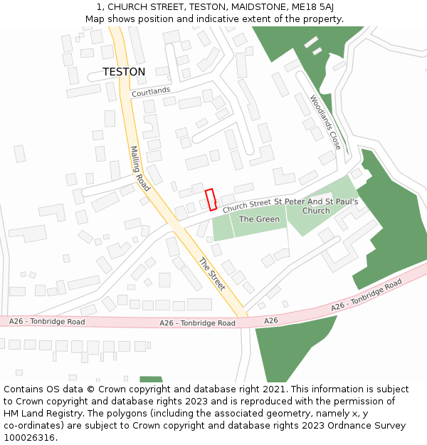 1, CHURCH STREET, TESTON, MAIDSTONE, ME18 5AJ: Location map and indicative extent of plot