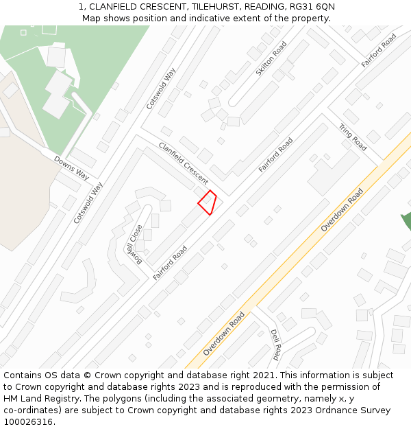 1, CLANFIELD CRESCENT, TILEHURST, READING, RG31 6QN: Location map and indicative extent of plot
