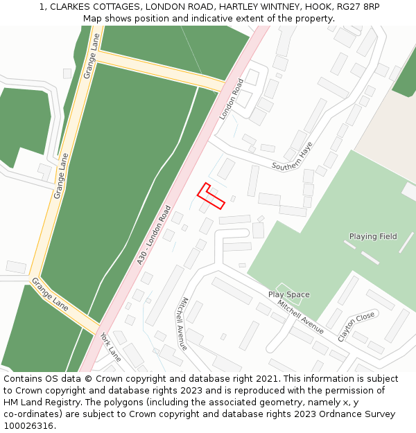 1, CLARKES COTTAGES, LONDON ROAD, HARTLEY WINTNEY, HOOK, RG27 8RP: Location map and indicative extent of plot
