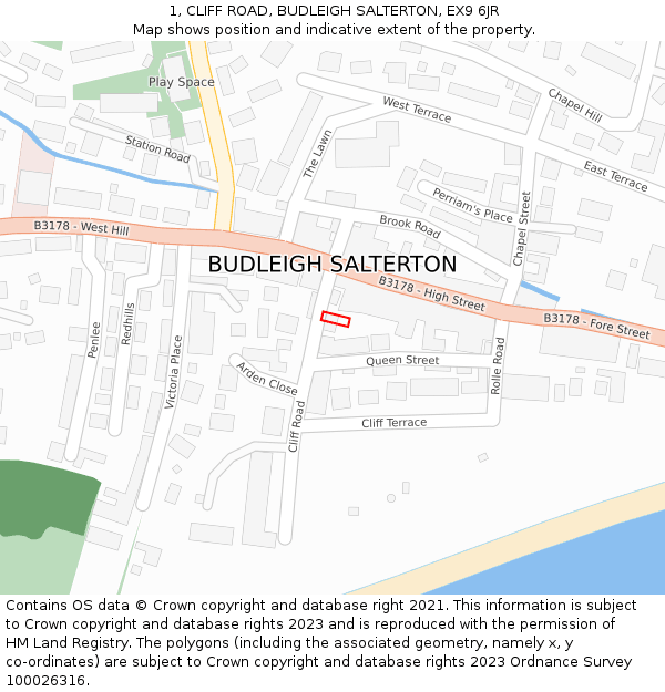 1, CLIFF ROAD, BUDLEIGH SALTERTON, EX9 6JR: Location map and indicative extent of plot