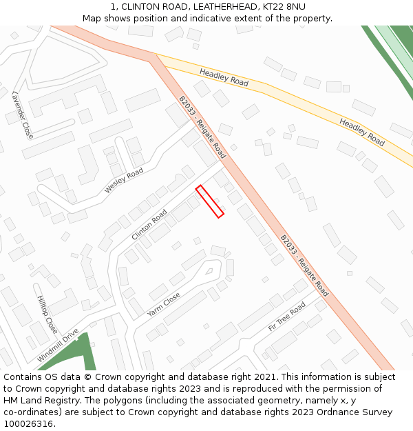 1, CLINTON ROAD, LEATHERHEAD, KT22 8NU: Location map and indicative extent of plot