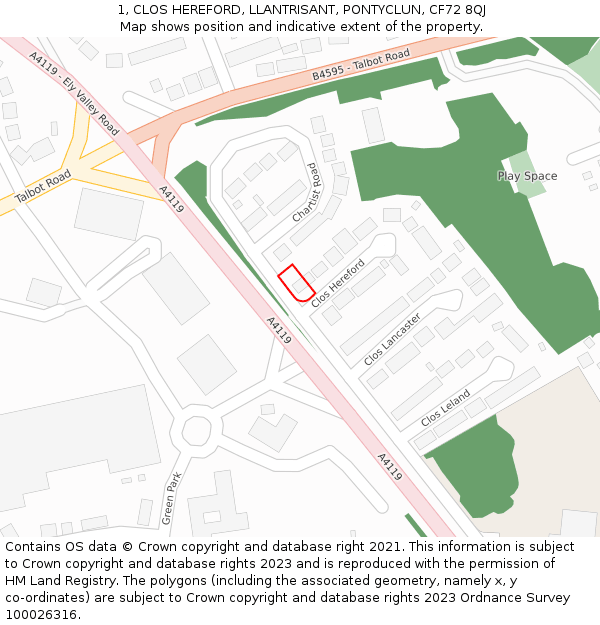 1, CLOS HEREFORD, LLANTRISANT, PONTYCLUN, CF72 8QJ: Location map and indicative extent of plot
