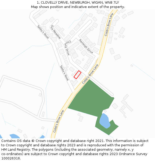 1, CLOVELLY DRIVE, NEWBURGH, WIGAN, WN8 7LY: Location map and indicative extent of plot