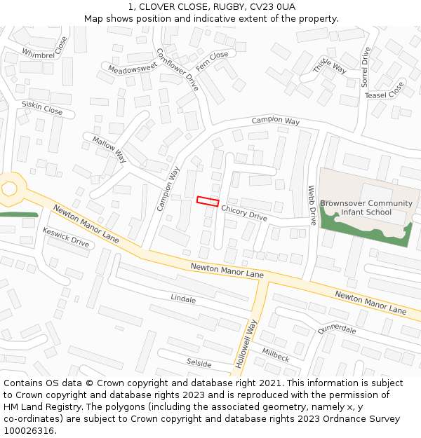 1, CLOVER CLOSE, RUGBY, CV23 0UA: Location map and indicative extent of plot