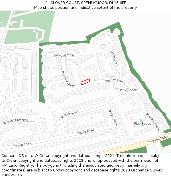 1, CLOVER COURT, SPENNYMOOR, DL16 6FE: Location map and indicative extent of plot