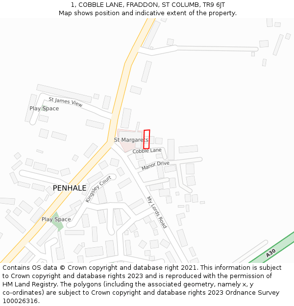 1, COBBLE LANE, FRADDON, ST COLUMB, TR9 6JT: Location map and indicative extent of plot