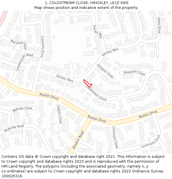1, COLDSTREAM CLOSE, HINCKLEY, LE10 0WS: Location map and indicative extent of plot