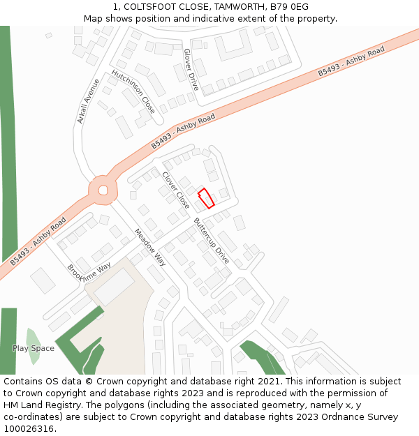 1, COLTSFOOT CLOSE, TAMWORTH, B79 0EG: Location map and indicative extent of plot