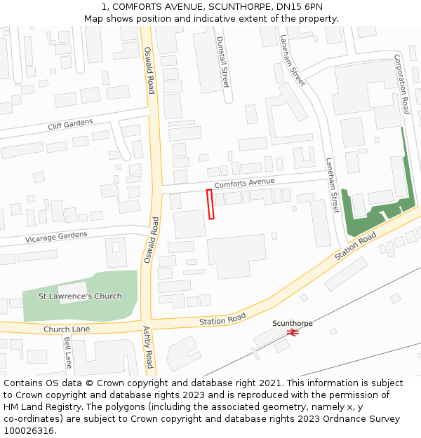1, COMFORTS AVENUE, SCUNTHORPE, DN15 6PN: Location map and indicative extent of plot