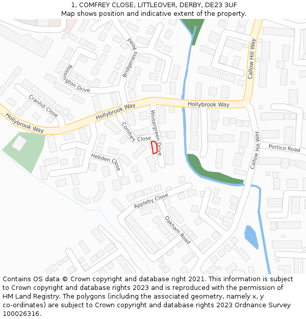 1, COMFREY CLOSE, LITTLEOVER, DERBY, DE23 3UF: Location map and indicative extent of plot