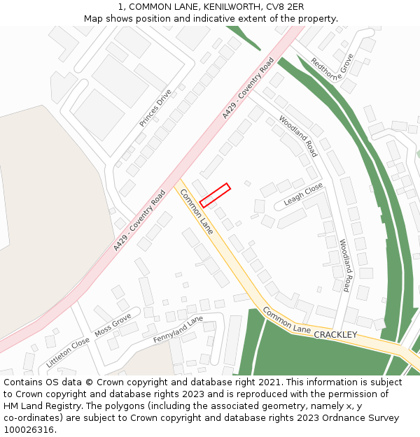 1, COMMON LANE, KENILWORTH, CV8 2ER: Location map and indicative extent of plot