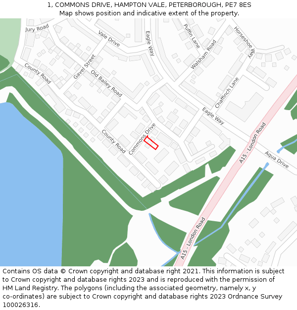 1, COMMONS DRIVE, HAMPTON VALE, PETERBOROUGH, PE7 8ES: Location map and indicative extent of plot