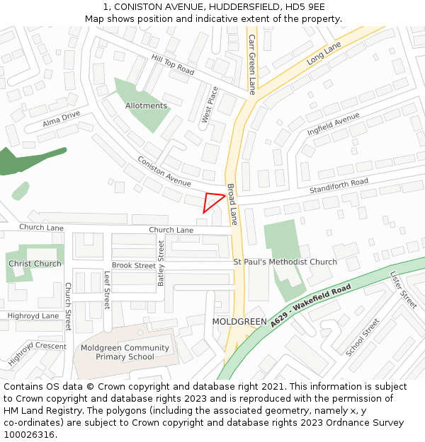 1, CONISTON AVENUE, HUDDERSFIELD, HD5 9EE: Location map and indicative extent of plot