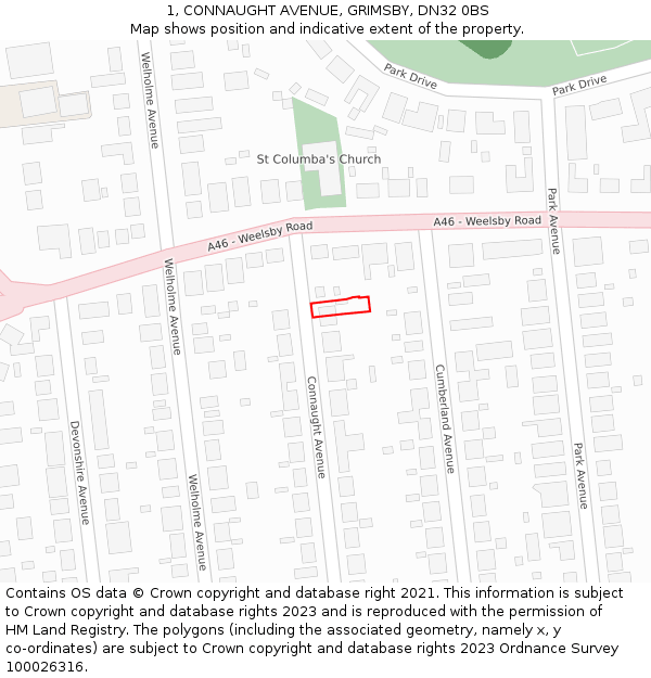1, CONNAUGHT AVENUE, GRIMSBY, DN32 0BS: Location map and indicative extent of plot