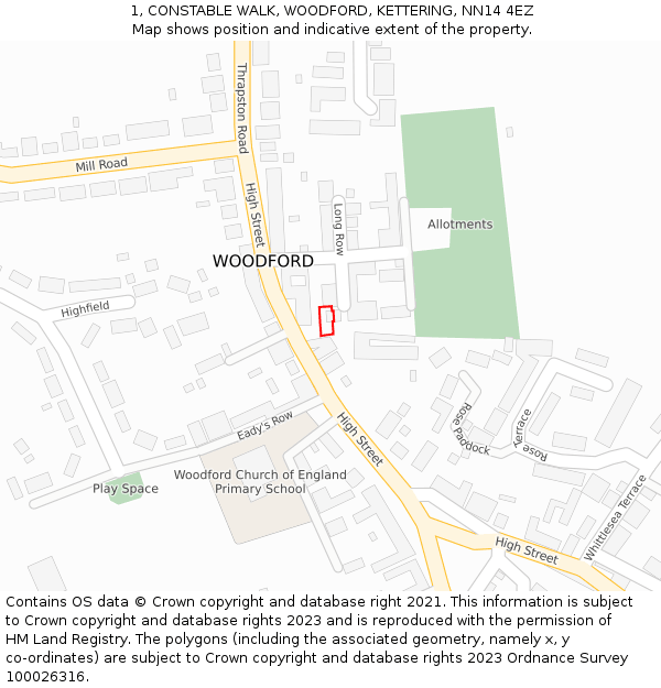 1, CONSTABLE WALK, WOODFORD, KETTERING, NN14 4EZ: Location map and indicative extent of plot