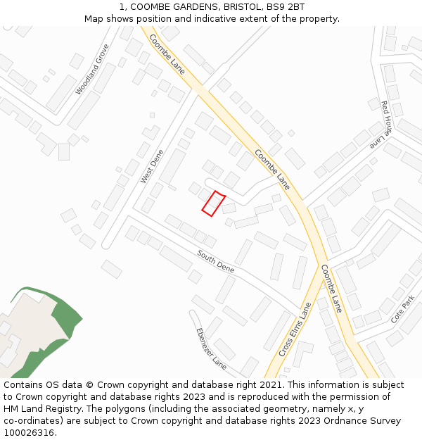 1, COOMBE GARDENS, BRISTOL, BS9 2BT: Location map and indicative extent of plot