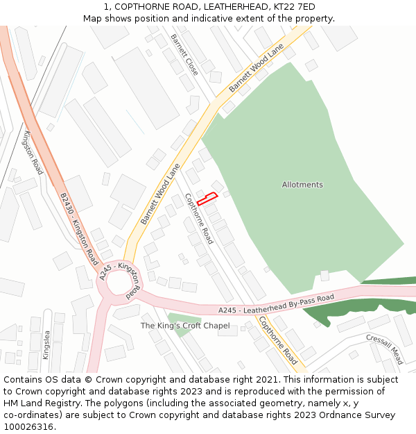 1, COPTHORNE ROAD, LEATHERHEAD, KT22 7ED: Location map and indicative extent of plot
