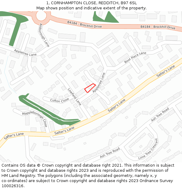 1, CORNHAMPTON CLOSE, REDDITCH, B97 6SL: Location map and indicative extent of plot