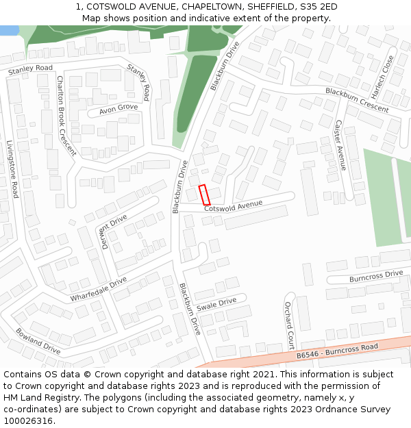 1, COTSWOLD AVENUE, CHAPELTOWN, SHEFFIELD, S35 2ED: Location map and indicative extent of plot