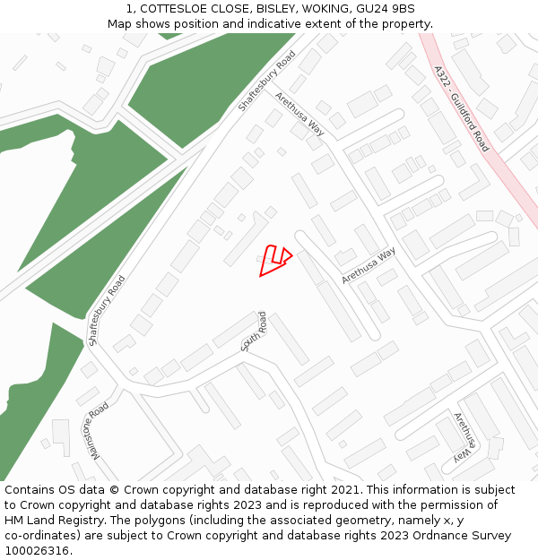 1, COTTESLOE CLOSE, BISLEY, WOKING, GU24 9BS: Location map and indicative extent of plot