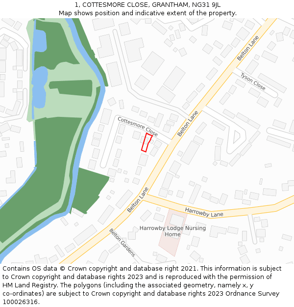 1, COTTESMORE CLOSE, GRANTHAM, NG31 9JL: Location map and indicative extent of plot