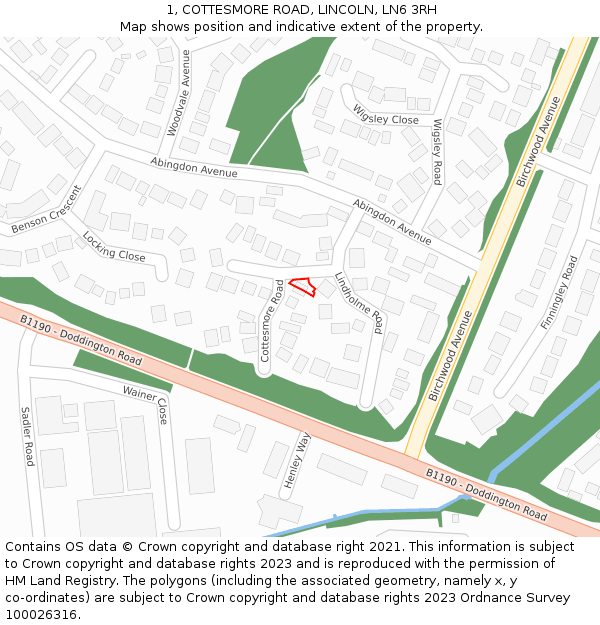 1, COTTESMORE ROAD, LINCOLN, LN6 3RH: Location map and indicative extent of plot