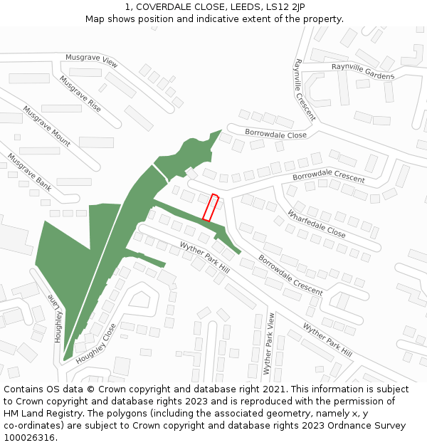 1, COVERDALE CLOSE, LEEDS, LS12 2JP: Location map and indicative extent of plot