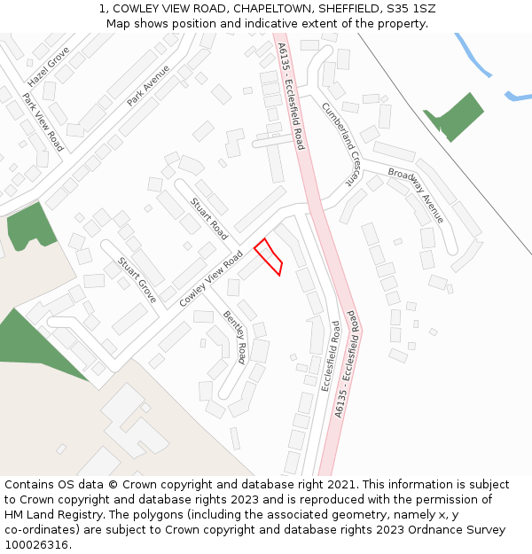 1, COWLEY VIEW ROAD, CHAPELTOWN, SHEFFIELD, S35 1SZ: Location map and indicative extent of plot
