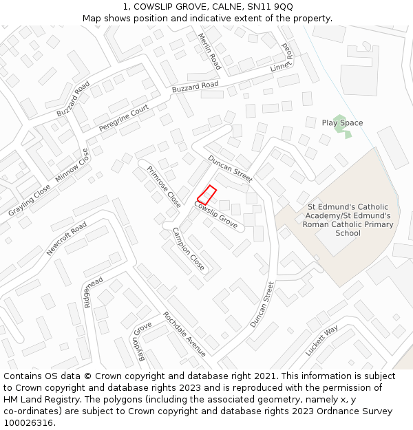 1, COWSLIP GROVE, CALNE, SN11 9QQ: Location map and indicative extent of plot