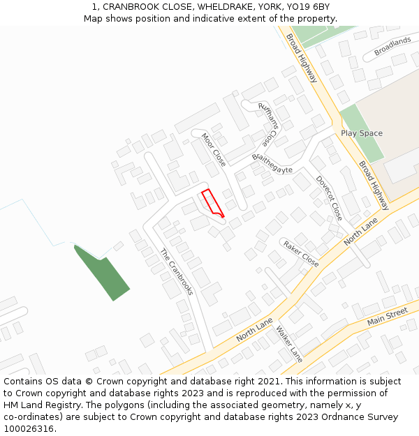 1, CRANBROOK CLOSE, WHELDRAKE, YORK, YO19 6BY: Location map and indicative extent of plot