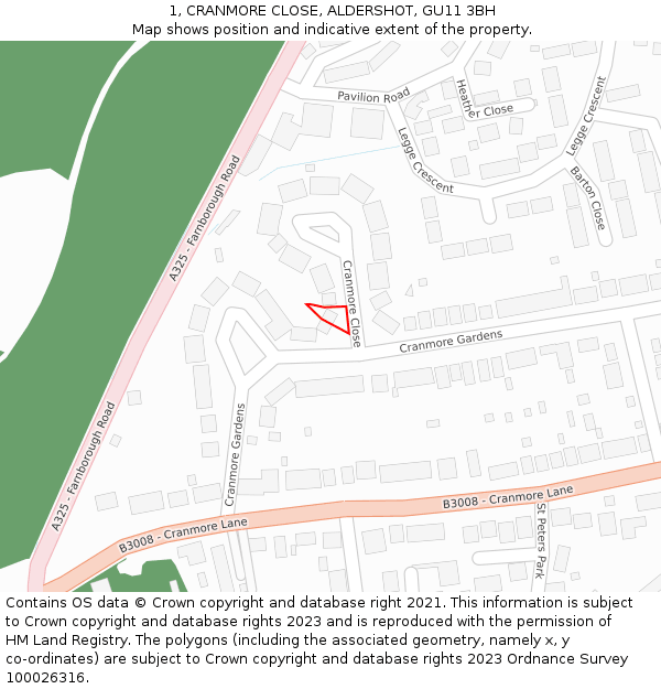 1, CRANMORE CLOSE, ALDERSHOT, GU11 3BH: Location map and indicative extent of plot
