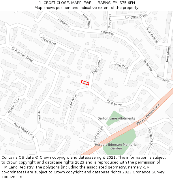 1, CROFT CLOSE, MAPPLEWELL, BARNSLEY, S75 6FN: Location map and indicative extent of plot