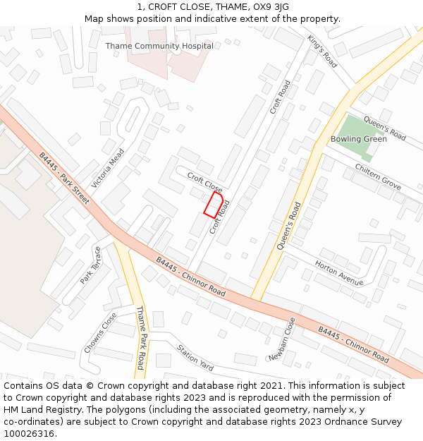 1, CROFT CLOSE, THAME, OX9 3JG: Location map and indicative extent of plot