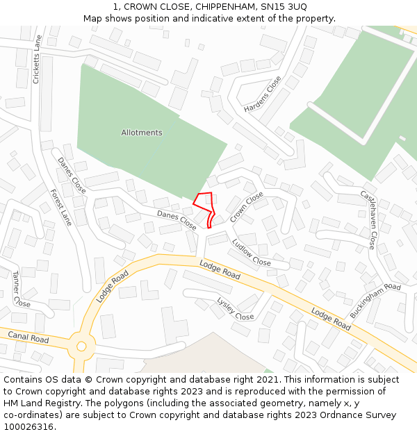 1, CROWN CLOSE, CHIPPENHAM, SN15 3UQ: Location map and indicative extent of plot