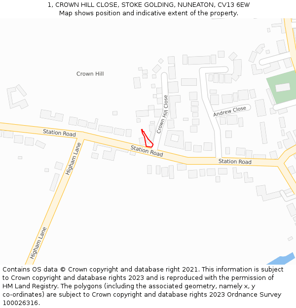 1, CROWN HILL CLOSE, STOKE GOLDING, NUNEATON, CV13 6EW: Location map and indicative extent of plot