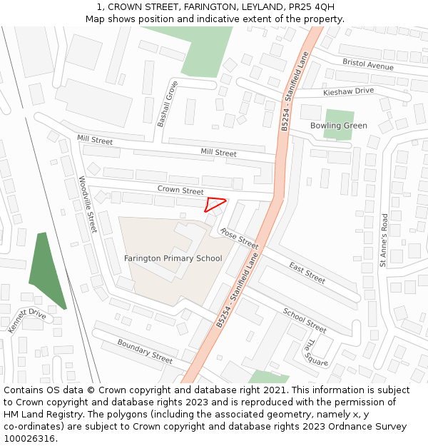 1, CROWN STREET, FARINGTON, LEYLAND, PR25 4QH: Location map and indicative extent of plot