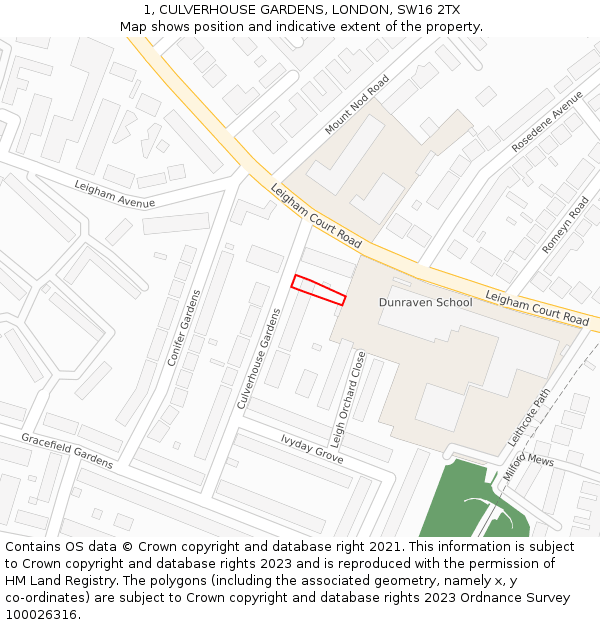 1, CULVERHOUSE GARDENS, LONDON, SW16 2TX: Location map and indicative extent of plot