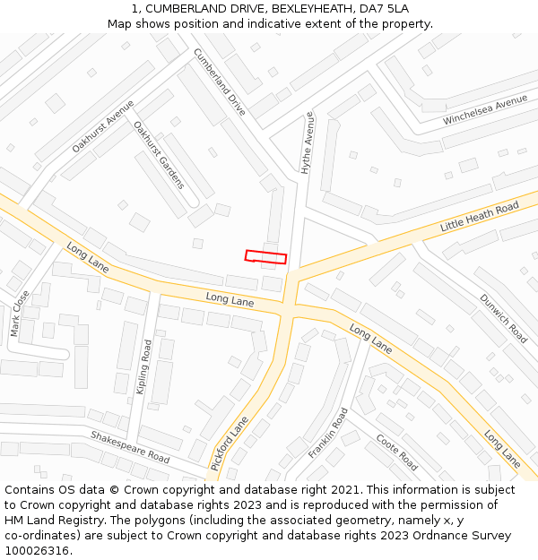 1, CUMBERLAND DRIVE, BEXLEYHEATH, DA7 5LA: Location map and indicative extent of plot