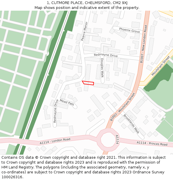 1, CUTMORE PLACE, CHELMSFORD, CM2 9XJ: Location map and indicative extent of plot